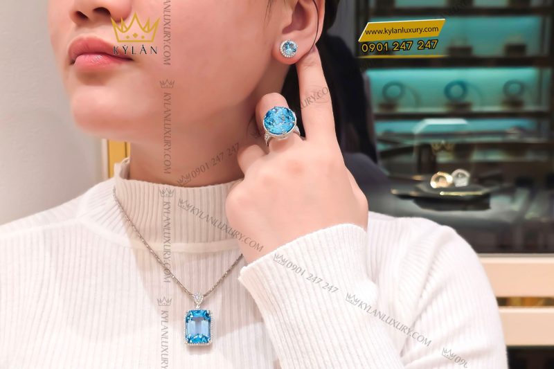 Bông tai vàng trắng nguyên khối Au750 đính viên chủ đá quý Topaz