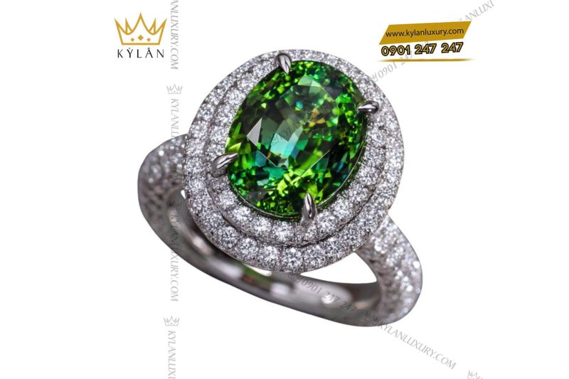 Nhẫn nữ vàng trắng nguyên khối Au750 đính viên chủ đá xanh