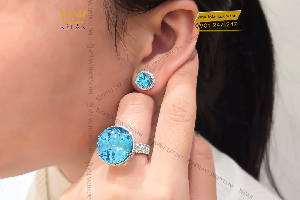Kỳ Lân Luxury 12 2 Bông tai vàng trắng nguyên khối Au750 đính viên chủ đá quý Topaz