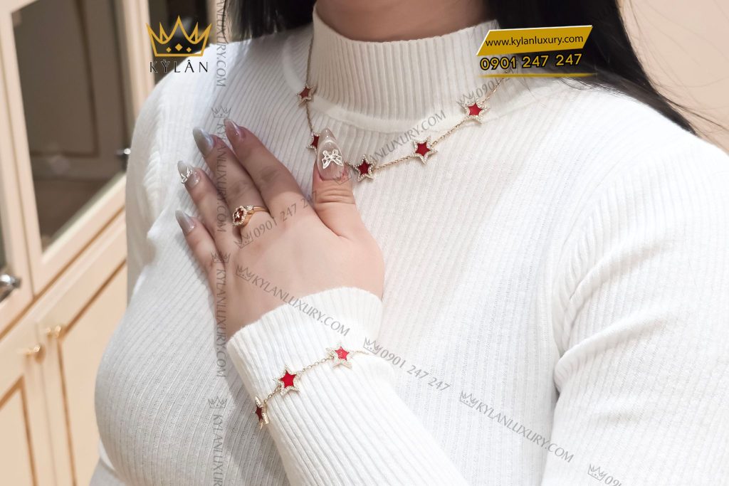 Kỳ Lân Luxury 12 3 Nhẫn ngôi sao đỏ vàng hồng nguyên khối Au750 đính kim cương