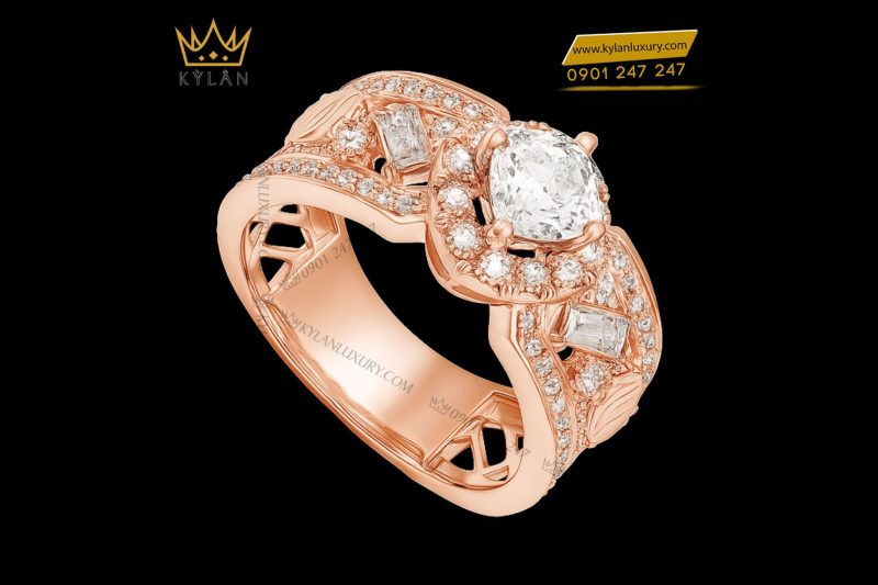 Nhẫn Radiant vàng hồng nguyên khối Au750 đính kim cương