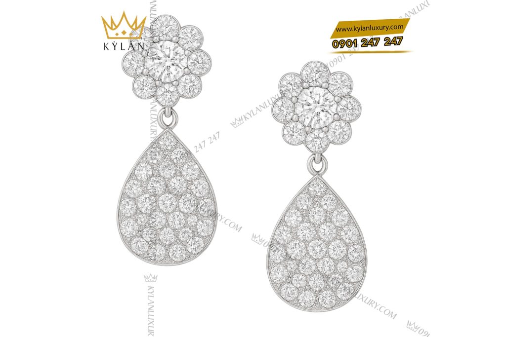 Bông tai Dewdrop vàng trắng nguyên khối Au750 đính kim cương
