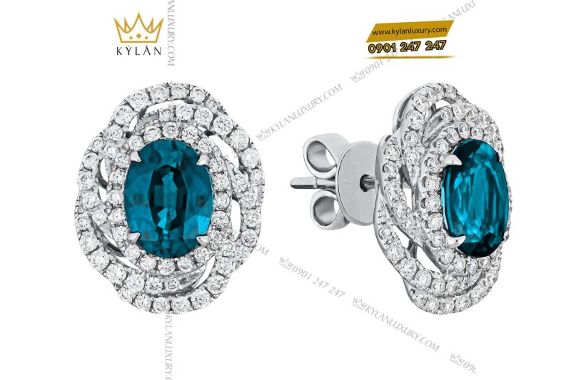 Bông Tai Ocean vàng trắng nguyên khối Au750 đính kim cương và đá quý