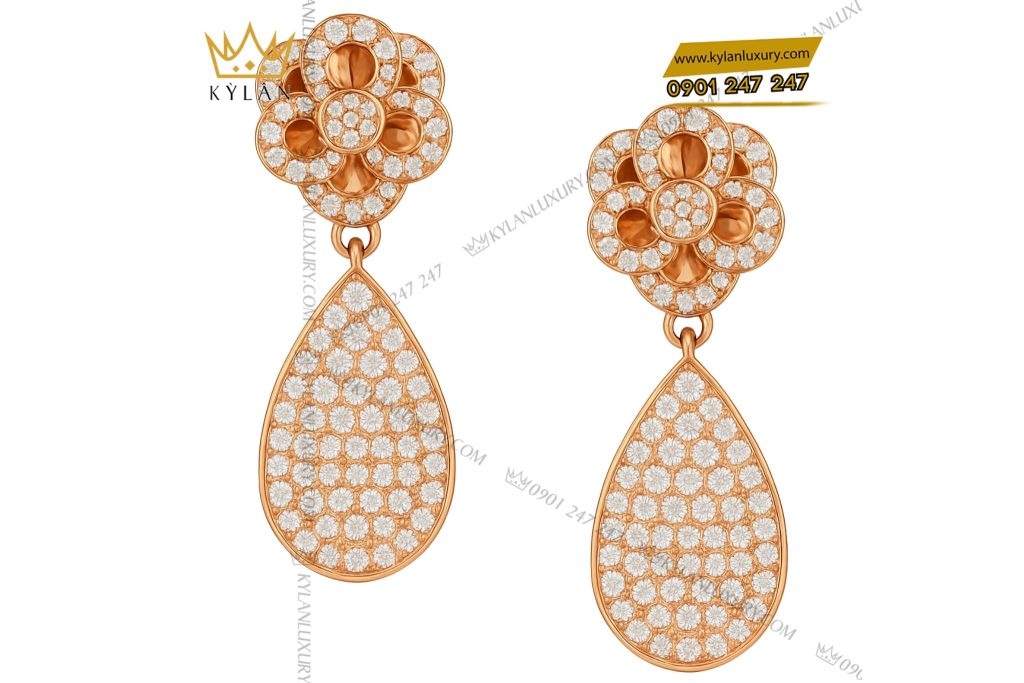 Bông tai Camellia Dewdrop vàng hồng nguyên khối Au750 đính kim cương