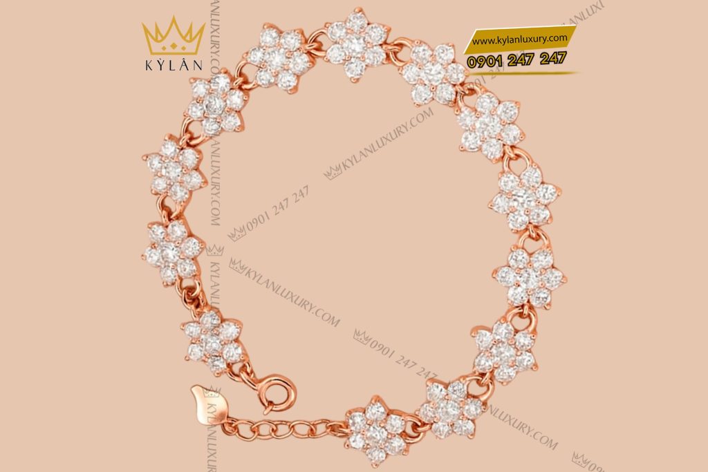 Kỳ Lân Luxury 2 4 Lắc tay Hoa Tuyết vàng hồng nguyên khối Au750 đính kim cương