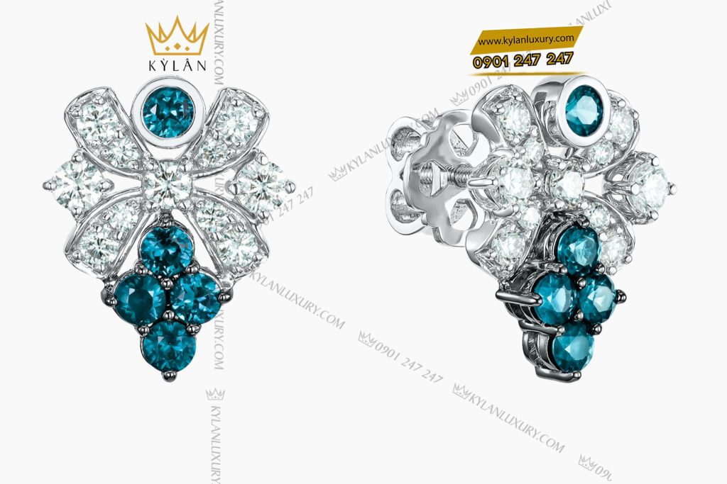 Bông Tai Ocean Bloom vàng trắng nguyên khối Au750 đính kim cương và đá quý