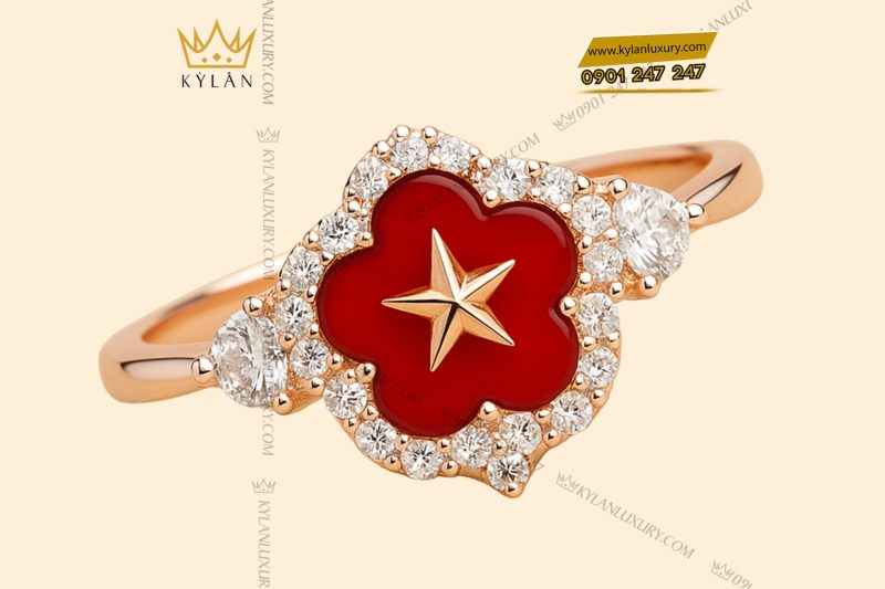 Nhẫn ngôi sao đỏ vàng hồng nguyên khối Au750 đính kim cương
