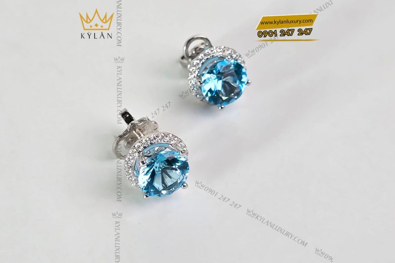 Bông tai vàng trắng nguyên khối Au750 đính viên chủ đá quý Topaz