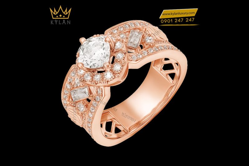 Nhẫn Radiant vàng hồng nguyên khối Au750 đính kim cương