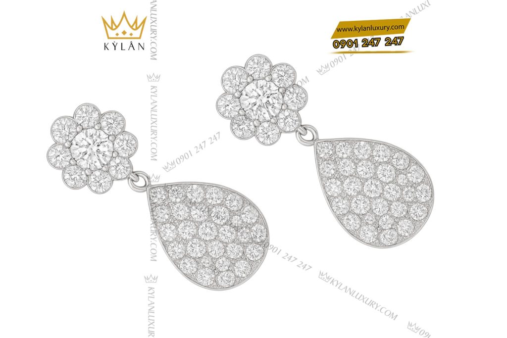 Bông tai Dewdrop vàng trắng nguyên khối Au750 đính kim cương