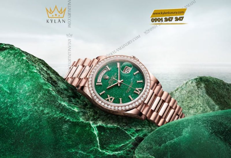 Rolex Day-Date 36mm 128345RBR mặt đá aventurine xanh nạm kim cương