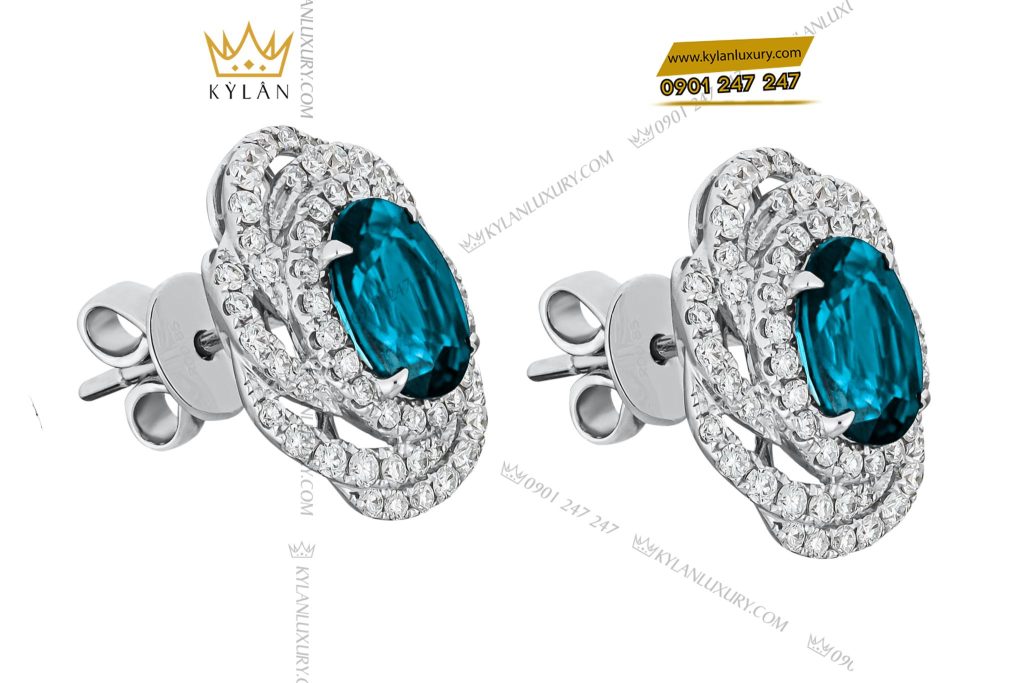 Bông Tai Ocean vàng trắng nguyên khối Au750 đính kim cương và đá quý