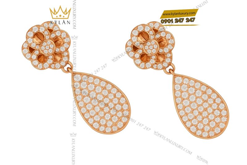Bông tai Camellia Dewdrop vàng hồng nguyên khối Au750 đính kim cương