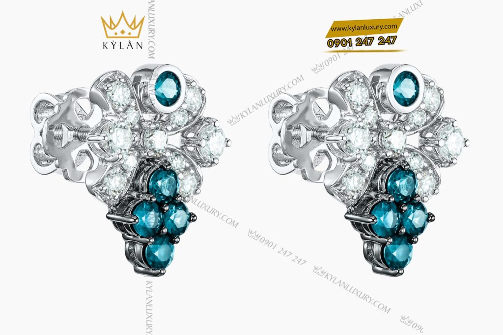 Bông Tai Ocean Bloom vàng trắng nguyên khối Au750 đính kim cương và đá quý