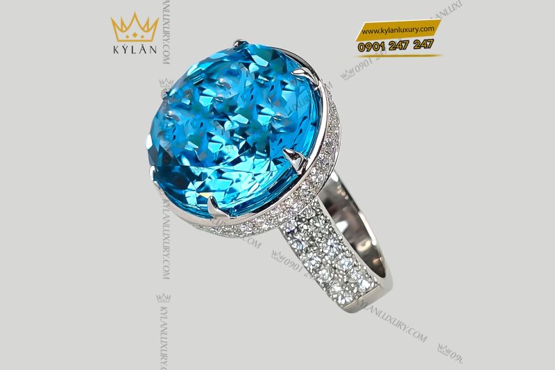 Nhẫn vàng trắng nguyên khối Au750 đính viên chủ đá quý Topaz