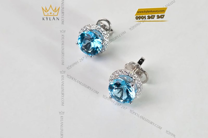 Bông tai vàng trắng nguyên khối Au750 đính viên chủ đá quý Topaz