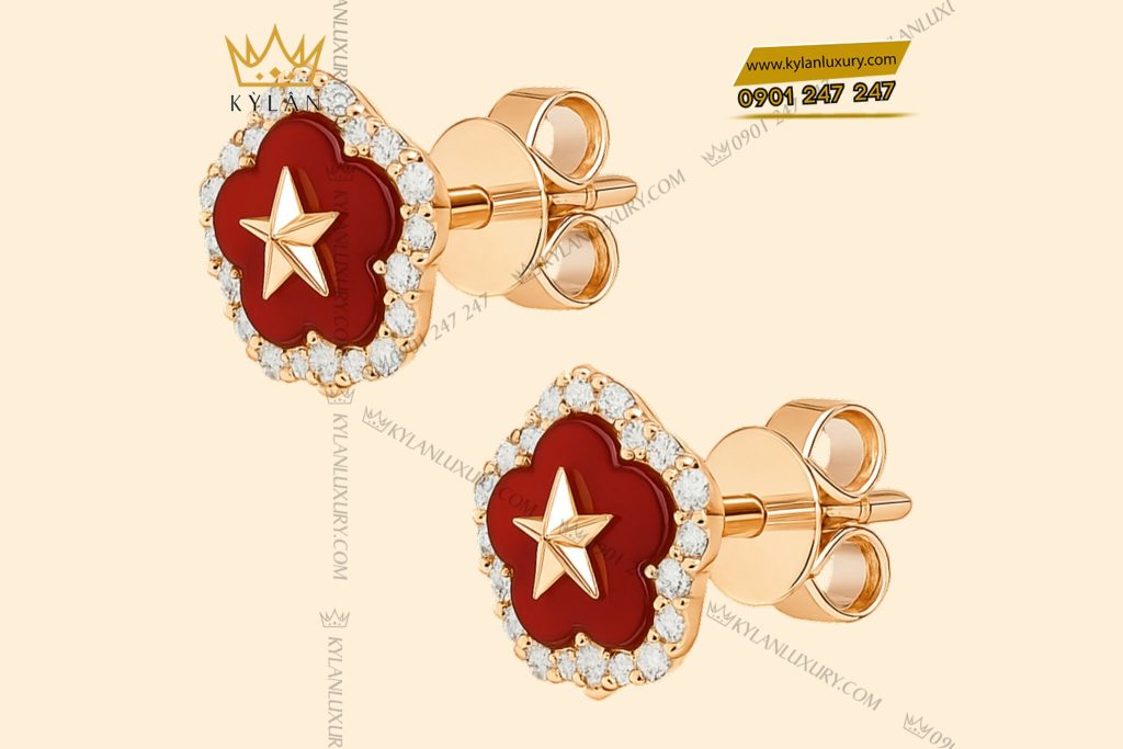 Cặp bông tai ngôi sao vàng hồng nguyên khối Au750 đính kim cương