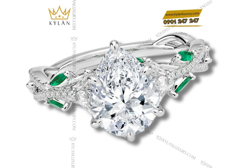 Kỳ Lân Luxury 3 8 Nhẫn Lá Ngọc Giọt Lệ vàng trắng nguyên khối Au750 đính kim cương