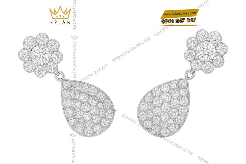 Bông tai Dewdrop vàng trắng nguyên khối Au750 đính kim cương