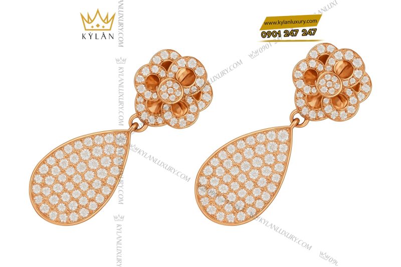 Bông tai Camellia Dewdrop vàng hồng nguyên khối Au750 đính kim cương