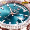 Rolex Day-Date 36mm 128395TBR mặt số xanh lục lam chải tia mặt trời, nạm 10 cọc số kim cương hình chữ nhật sang trọng và tinh xảo
