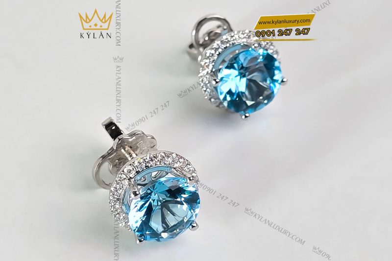 Bông tai vàng trắng nguyên khối Au750 đính viên chủ đá quý Topaz