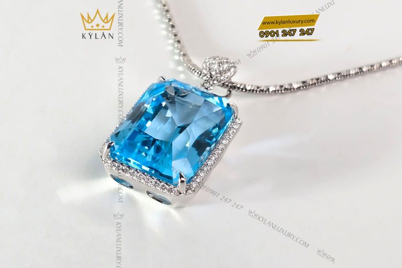 Dây chuyền vàng trắng nguyên khối Au750 đính viên chủ đá quý Topaz