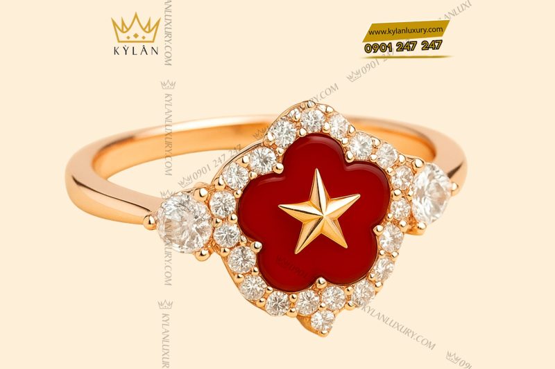 Nhẫn ngôi sao đỏ vàng hồng nguyên khối Au750 đính kim cương