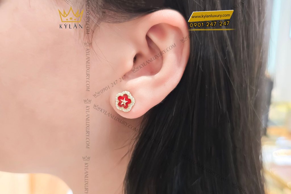 Cặp bông tai ngôi sao vàng hồng nguyên khối Au750 đính kim cương