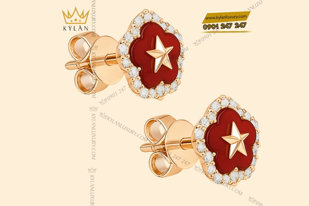 Cặp bông tai ngôi sao vàng hồng nguyên khối Au750 đính kim cương