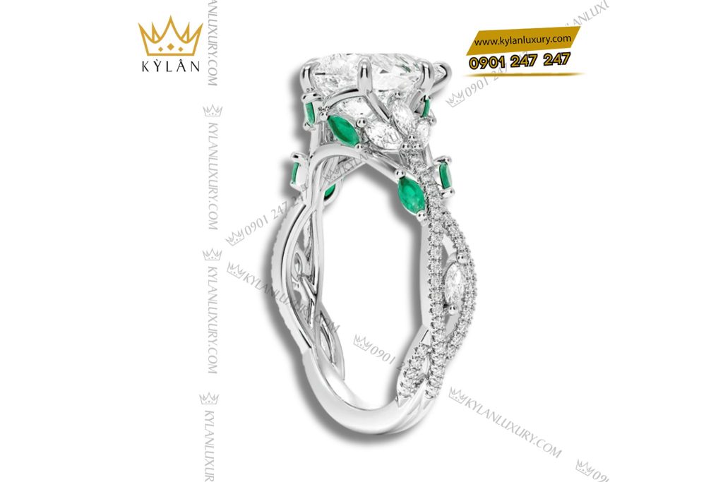 Kỳ Lân Luxury 4 8 Nhẫn Lá Ngọc Giọt Lệ vàng trắng nguyên khối Au750 đính kim cương