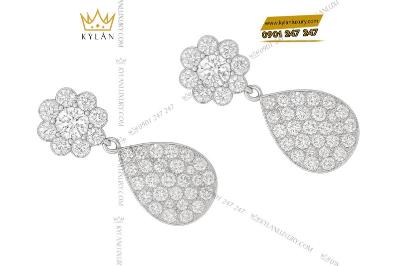 Bông tai Dewdrop vàng trắng nguyên khối Au750 đính kim cương