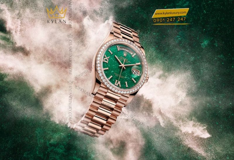 Rolex Day-Date 36mm 128345RBR mặt đá aventurine xanh nạm kim cương