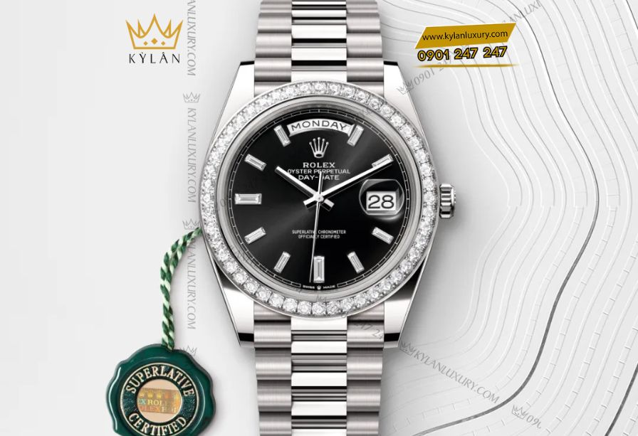 Rolex Day-Date 40mm 228349RBR vỏ vàng trắng 18 ct, vành nạm kim cương, dây President sang trọng