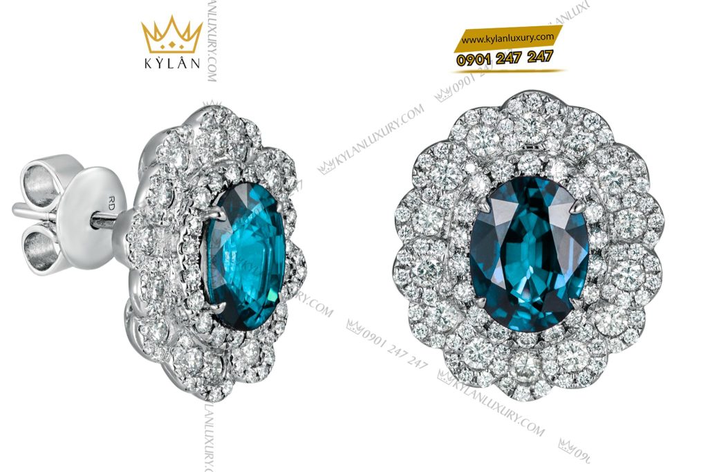 Bông Tai Ocean vàng trắng nguyên khối Au750 đính kim cương và đá quý