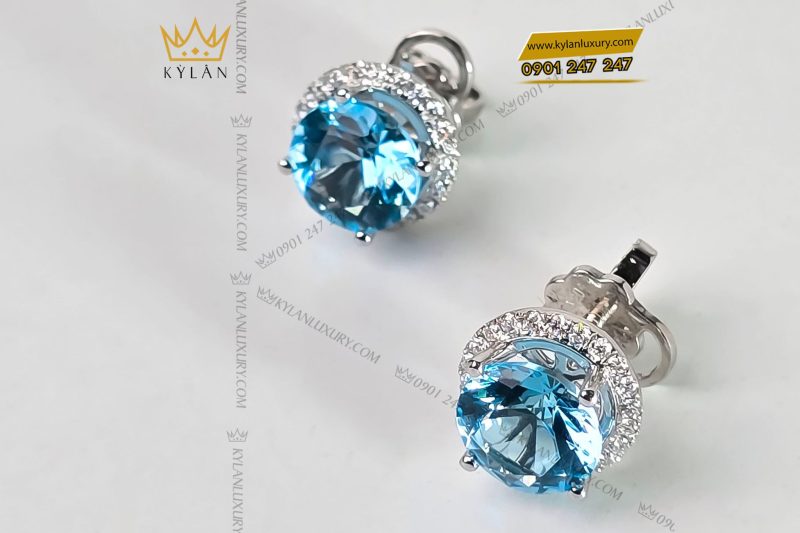 Bông tai vàng trắng nguyên khối Au750 đính viên chủ đá quý Topaz