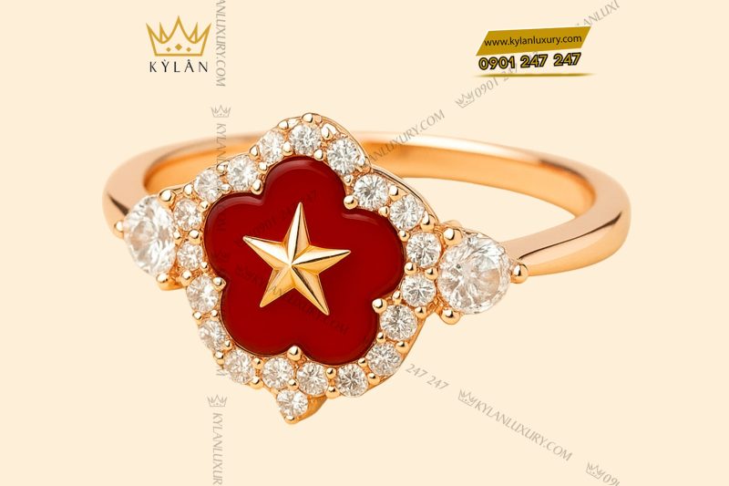 Nhẫn ngôi sao đỏ vàng hồng nguyên khối Au750 đính kim cương