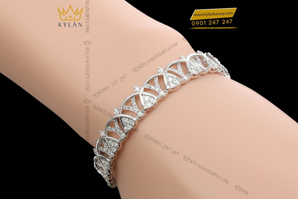 Lắc tay Diamond Crown vàng trắng nguyên khối Au750 đính kim cương