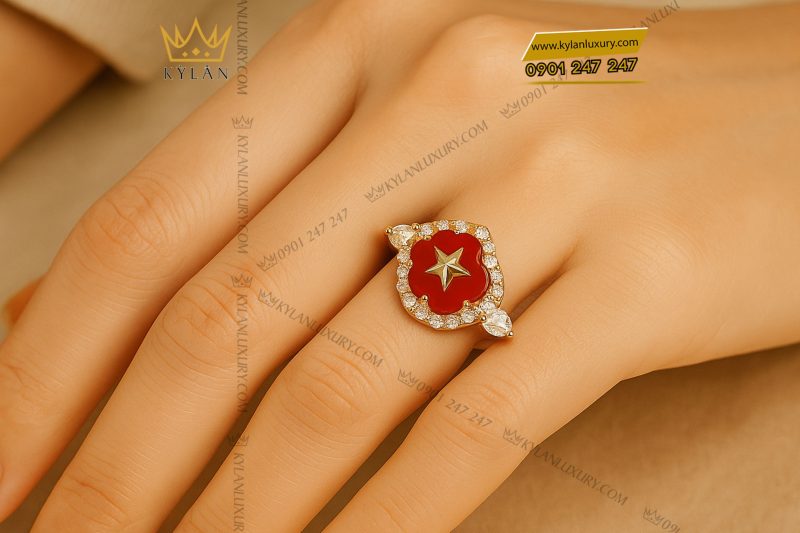 Nhẫn ngôi sao đỏ vàng hồng nguyên khối Au750 đính kim cương