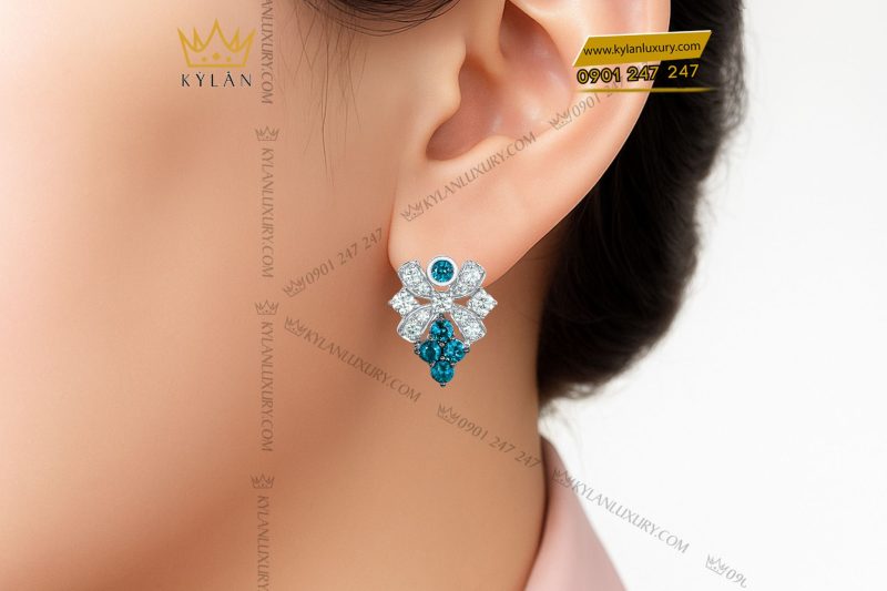 Bông Tai Ocean Bloom vàng trắng nguyên khối Au750 đính kim cương và đá quý