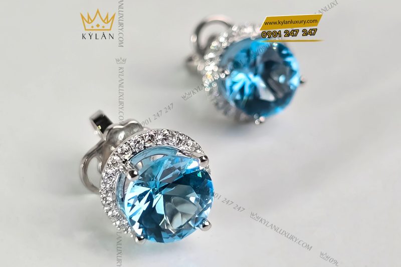 Bông tai vàng trắng nguyên khối Au750 đính viên chủ đá quý Topaz