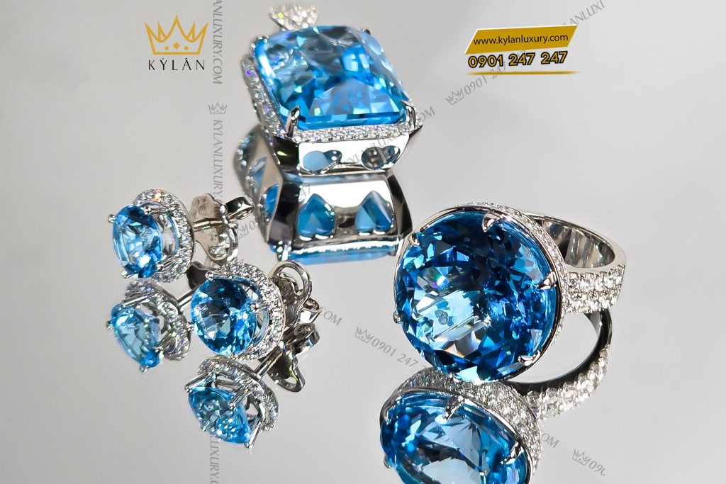 Kỳ Lân Luxury 6 38 Dây chuyền vàng trắng nguyên khối Au750 đính viên chủ đá quý Topaz