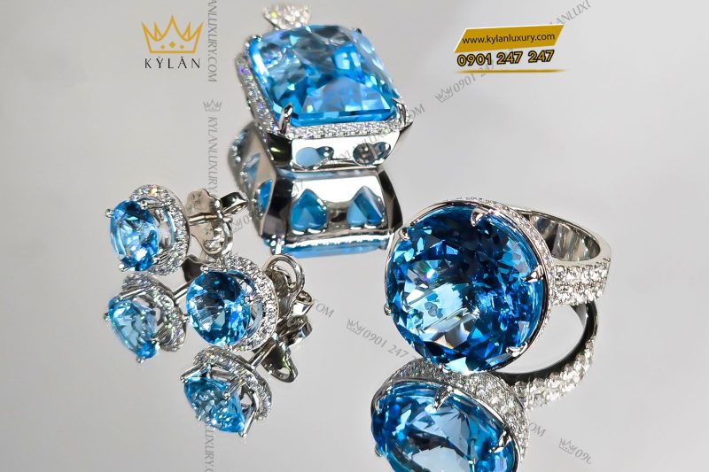 Dây chuyền vàng trắng nguyên khối Au750 đính viên chủ đá quý Topaz