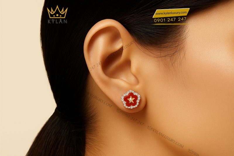 Cặp bông tai ngôi sao vàng hồng nguyên khối Au750 đính kim cương
