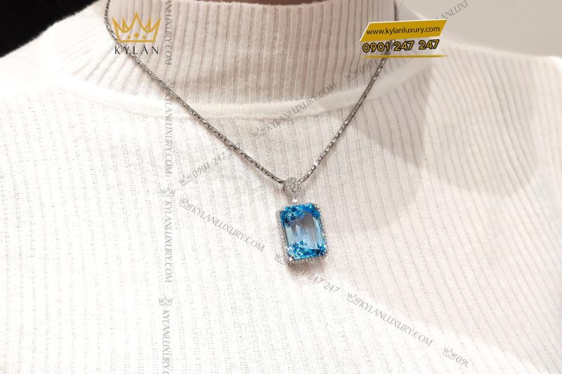 Dây chuyền vàng trắng nguyên khối Au750 đính viên chủ đá quý Topaz