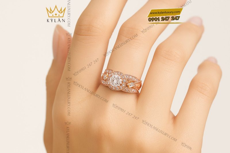 Nhẫn Radiant vàng hồng nguyên khối Au750 đính kim cương