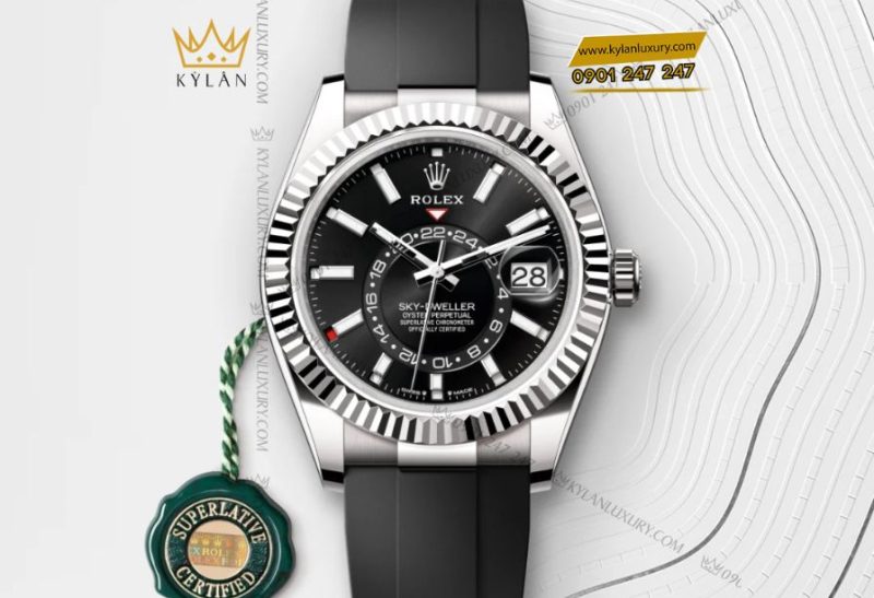 Đồng hồ Rolex Sky-Dweller Oyster m336239 vàng trắng 42mm, mặt số đen sáng, dây Oysterflex, lịch thường niên Saros và múi giờ kép