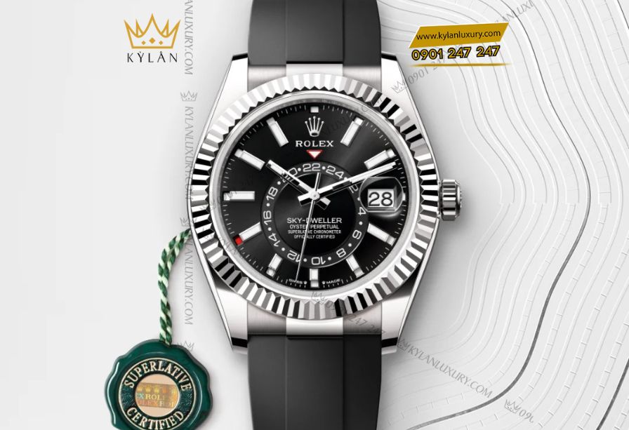 Đồng hồ Rolex Sky-Dweller Oyster m336239 vàng trắng 42mm, mặt số đen sáng, dây Oysterflex, lịch thường niên Saros và múi giờ kép