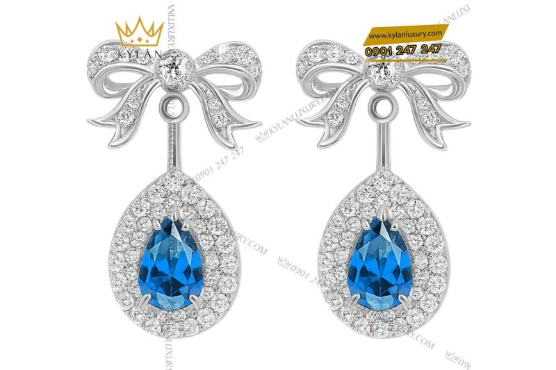 Bông tai vàng trắng Au750 đính kim cương & đá sapphire xanh