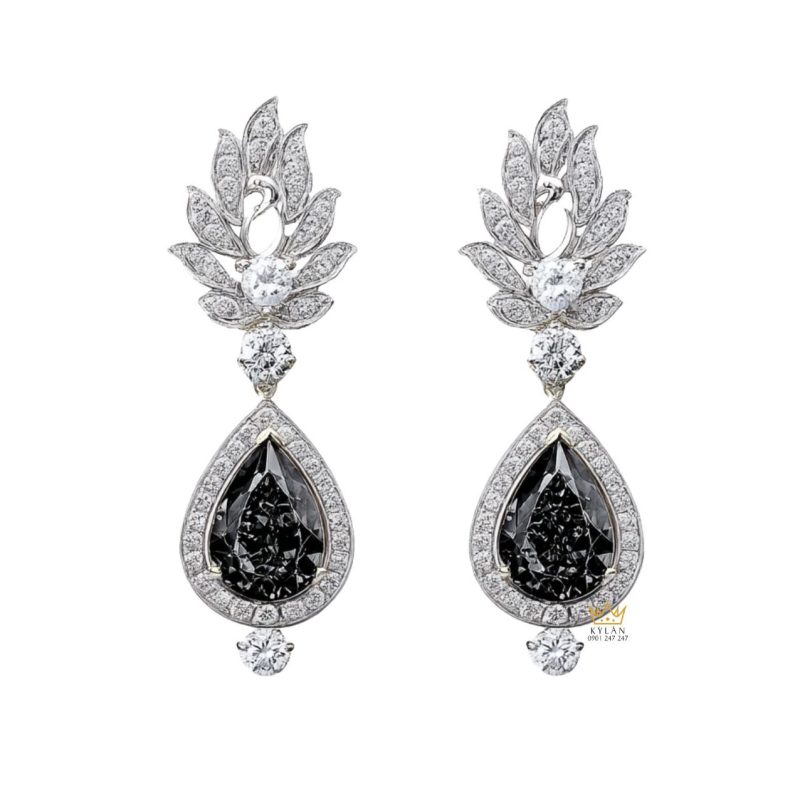 Cặp bông tai kim cương vàng trắng nguyên khối Au750